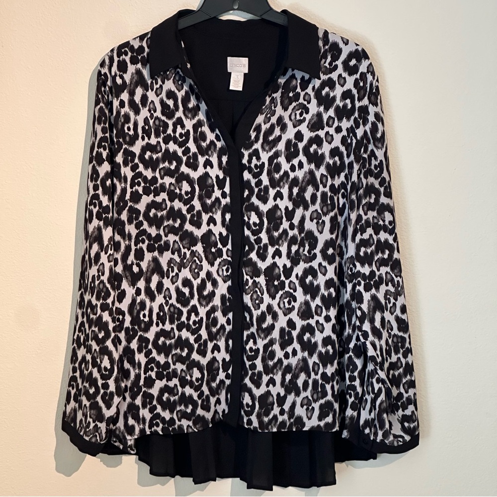 Chico's Black and White Leopard Print Notched Collar Blouse